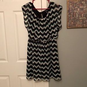 Black, white and teal chevron dress